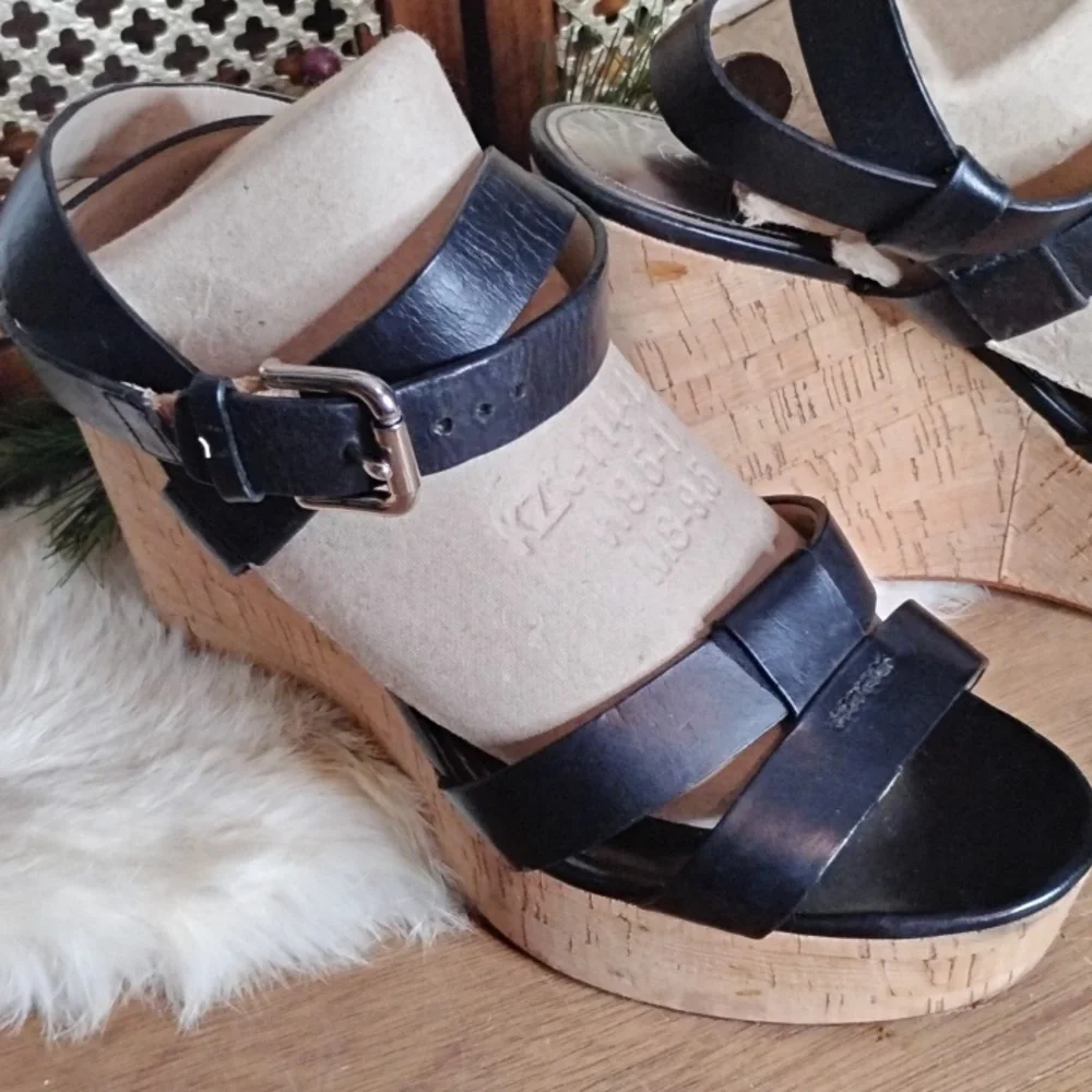Coach Black Ankle Strap High Cork Heeled Sandles